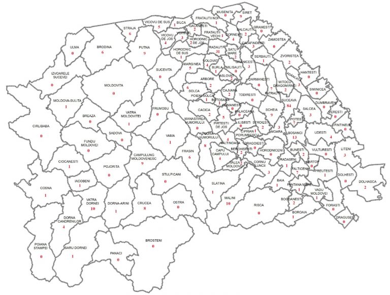 Distribuția cazurilor de coronavirus la nivel județean. În municipiul Suceava sunt 84 de cazuri active