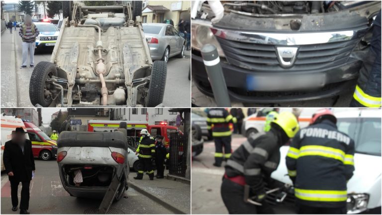 VIDEO FOTO O mașină a ajuns cu roțile în sus în urma unui accident produs la Fălticeni