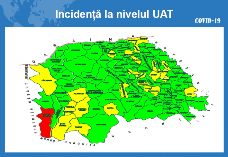 Situația pe localități a cazurilor de coronavirus din județul Suceava. Doar Poiana Stampei și Drăgoiești mai au incidența peste 3 la 1.000 de locuitori
