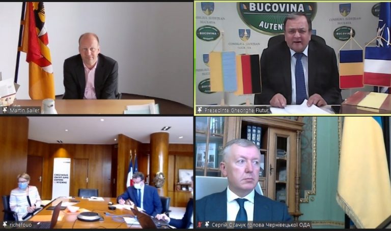 Întâlnire online a președintelui Consiliului Județean Suceava Gheorghe Flutur cu partenerii din Schwaben, Mayenne și Cernăuți