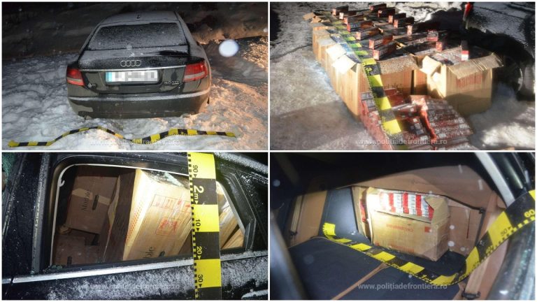 VIDEO FOTO Un contrabandist și-a abandonat mașina burdușită cu țigări după ce polițiștii de frontieră din Brodina au început să tragă cu focuri de armă după el