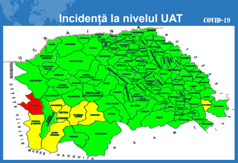 Situația pe localități a cazurilor de coronavirus din județul Suceava. Comuna Coșna continuă să fie singura localitate din județ cu incidența de peste 3 la mia de locuitori