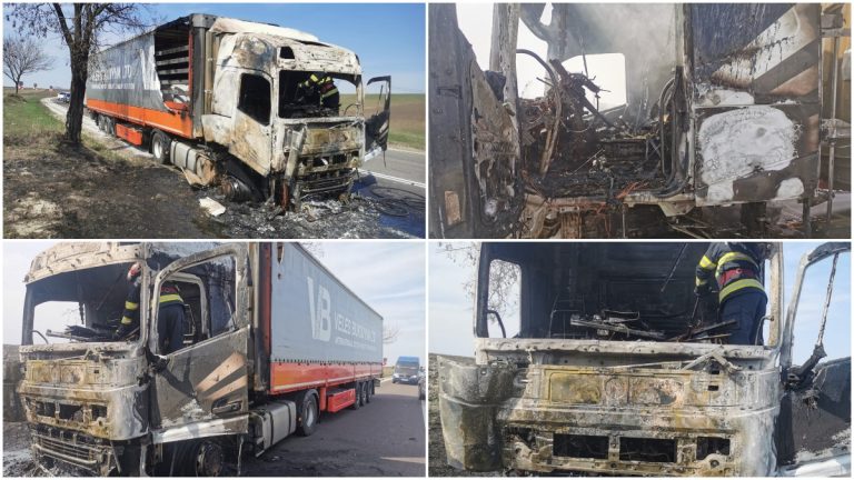 FOTO Un TIR a fost distrus de flăcări la Bunești