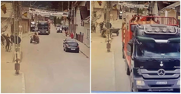 VIDEO Căruță spulberată de un camion încărcat cu lemne în fața Primăriei Moldovița