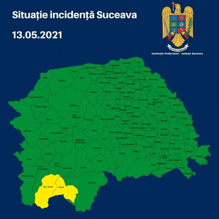 Situația pe localități a cazurilor de coronavirus din județul Suceava. Doar Panaci și Șaru Dornei mai sunt în scenariul galben, restul localităților sunt în scenariul verde