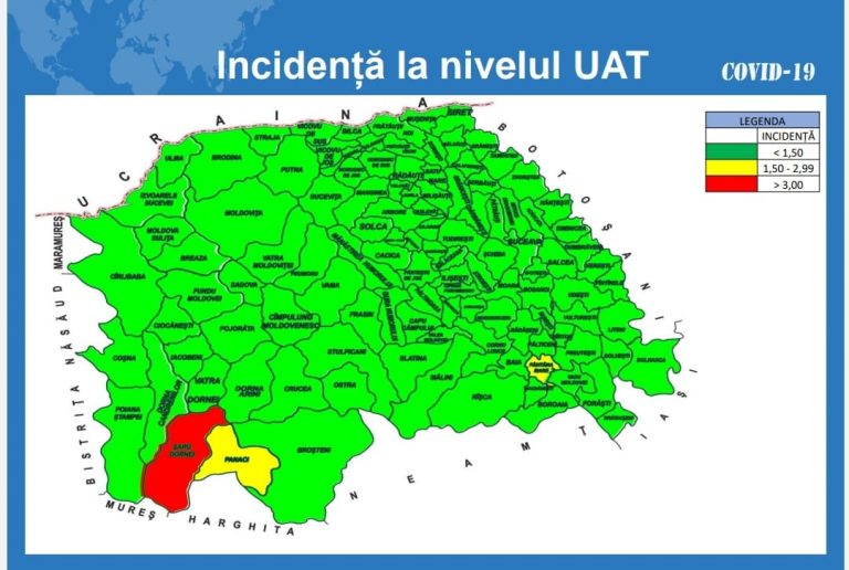 Situația pe localități a cazurilor de coronavirus din județul Suceava. Comuna Șaru Dornei continuă să fie singura care are incidența peste 3 la mia de locuitori