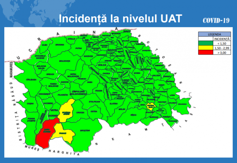 Situația pe localități a cazurilor de coronavirus din județul Suceava. Comuna Șaru Dornei este singura care are incidența peste 3 la mia de locuitori