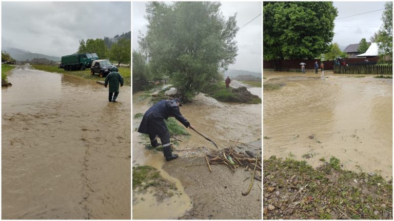 VIDEO FOTO Curți din Frasin inundate în urma ploilor torențiale de astăzi. Pompierii au decolmatat și un podeț din Câmpulung Moldovenesc