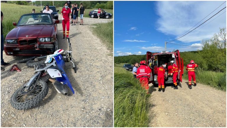 FOTO Un flăcău din Șcheia fără permis de conducere a ajuns în stare gravă la spital după ce s-a izbit cu motocicleta neînmatriculată într-un BMW pe drumul ce leagă Mănăstirea Dragomirna de Schitul „Petru și Pavel”