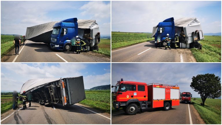 VIDEO FOTO Un camion încărcat cu parchet s-a răsturnat la Dănila