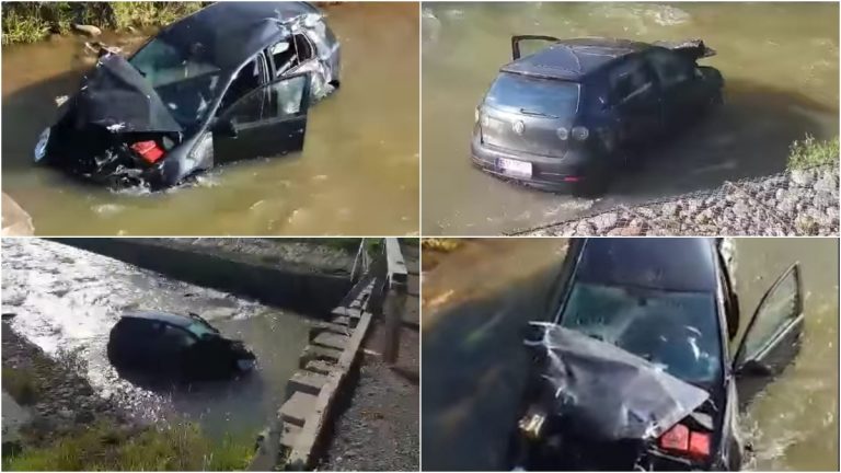 FOTO Un șofer vitezoman a ajuns cu mașina în râul Neagra, la Șaru Dornei