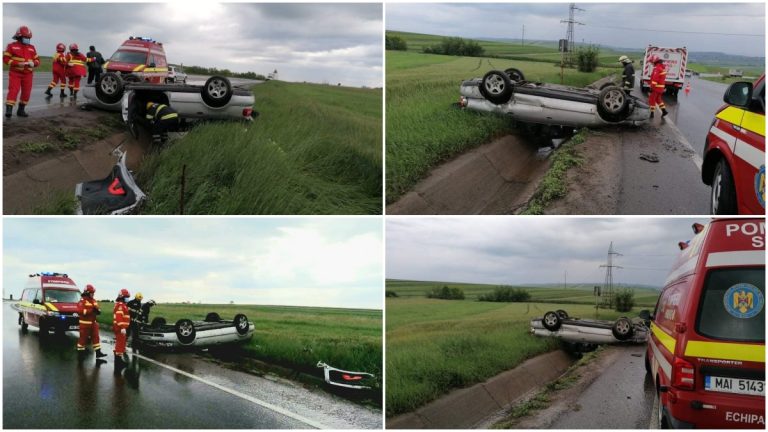 FOTO O mașină s-a răsturnat într-un șanț, la Stroiești. Șoferul a scăpat cu leziuni minore