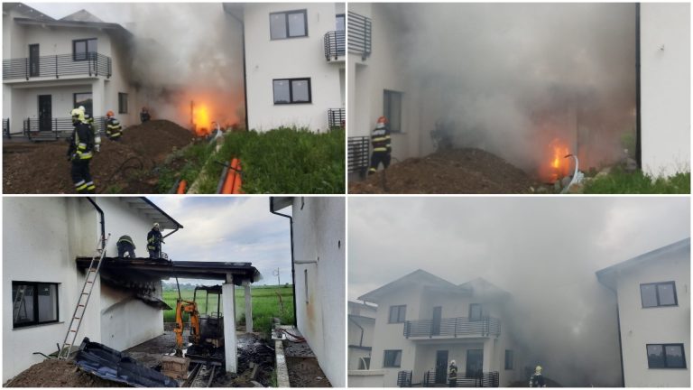 FOTO Incendiu izbucnit într-o gospodărie din Șcheia de la un miniexcavator. Focul a fost observat de un pompier în rezervă aflat la alergat