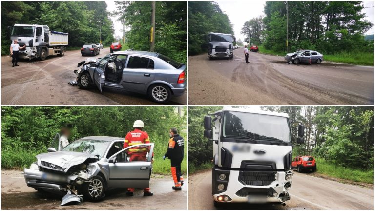FOTO Accident între o mașină și un camion produs la ieșire din Suceava spre Adâncata