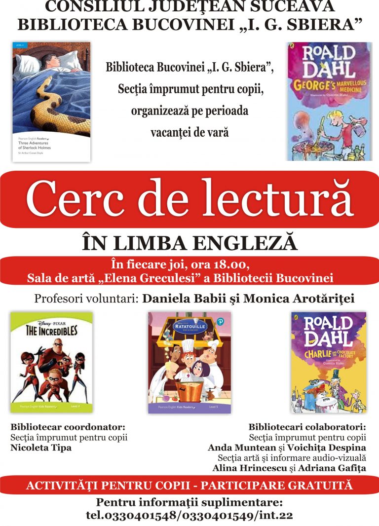 Biblioteca Județeană Suceava îi invită pe micii cititori la „Cercul de lectură în limba engleză”