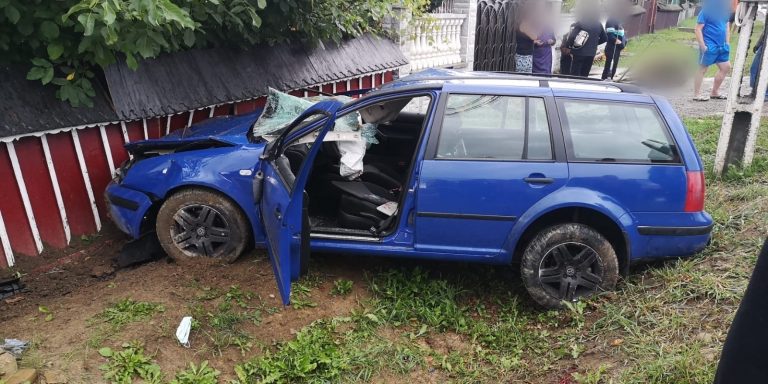 FOTO Un șofer a ajuns cu mașina într-un gard după ce a lovit două vaci, la Horodnic de Sus