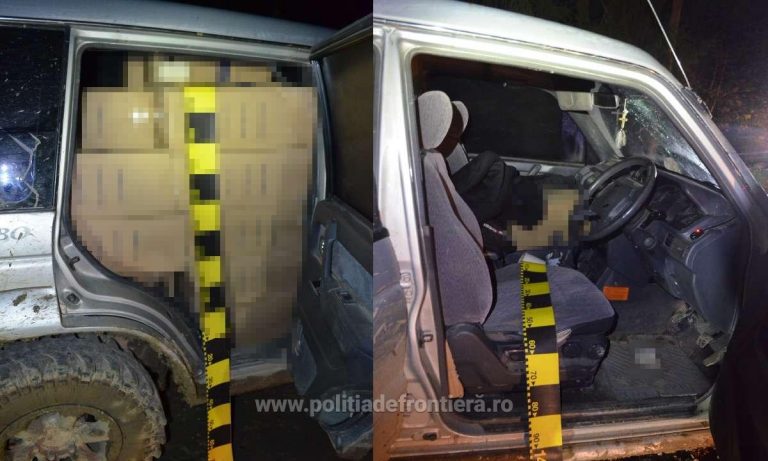FOTO Un autoturism de teren, fără numere de înmatriculare, burdușit cu țigări de contrabandă, a fost abandonat la Nisipitu
