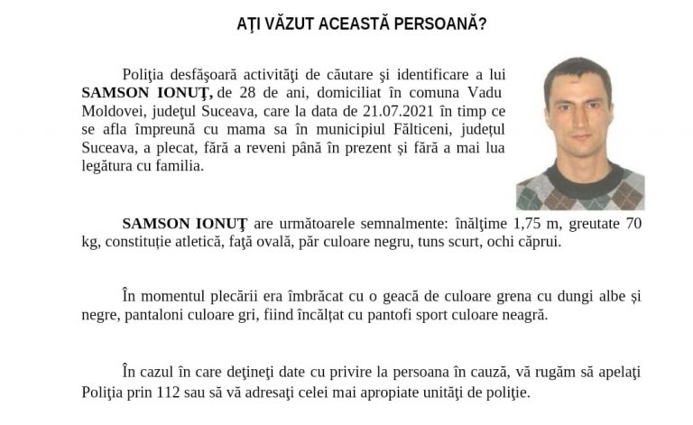 Un tânăr din Vadu Moldovei este de negăsit după ce a dispărut de pe raza municipiului Fălticeni