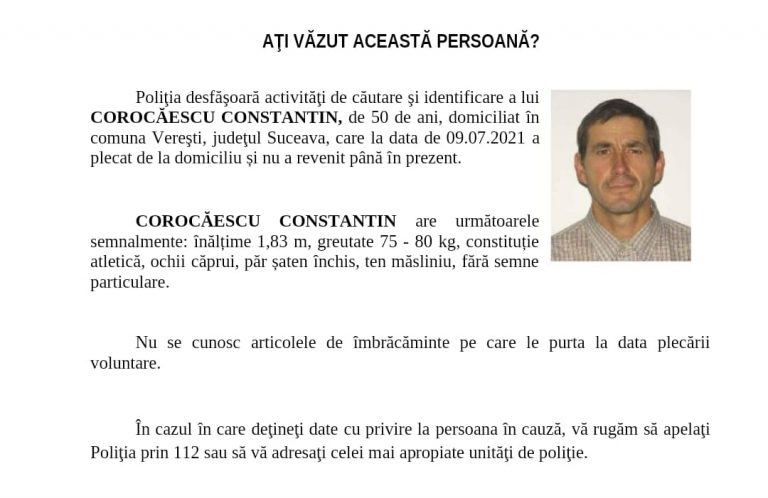 Un bărbat din Verești a fost dat dispărut de familie după ce a plecat de acasă și nu s-a mai întors de două luni