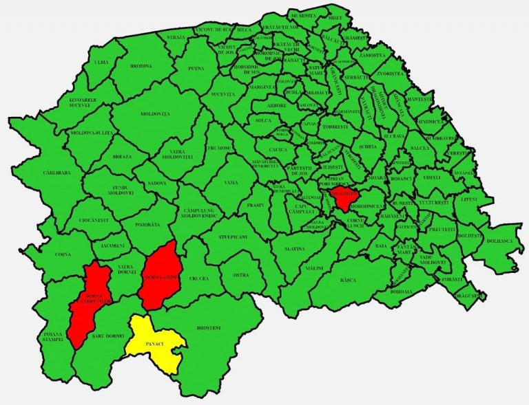 Situația pe localități a cazurilor de coronavirus din județul Suceava. Doar Drăgoiești, Dorna Arini și Dorna Candrenilor mai sunt în zona roșie