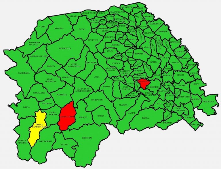 Situația pe localități a cazurilor de coronavirus din județul Suceava. Doar Drăgoiești și Dorna Arini mai sunt în zona roșie