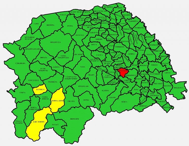 Situația pe localități a cazurilor de coronavirus din județul Suceava. Doar Drăgoiești mai este în zona roșie