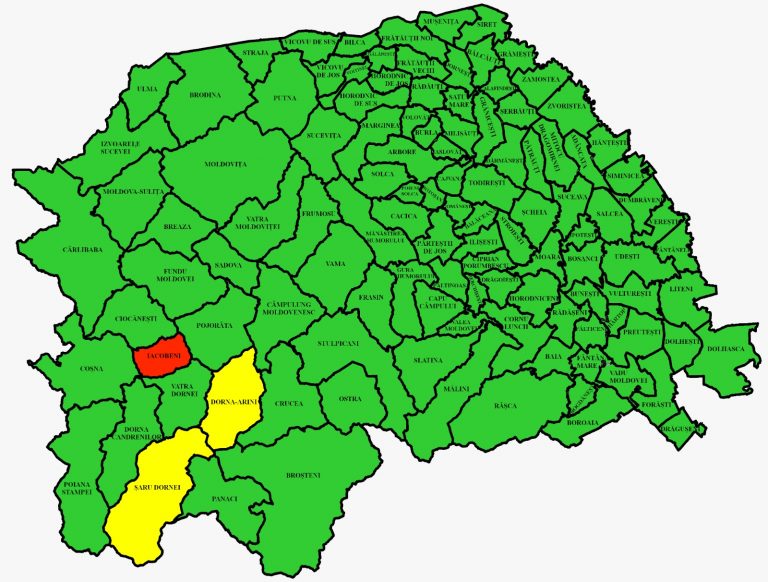 Situația pe localități a cazurilor de coronavirus din județul Suceava. Doar comuna Iacobeni se află în zona roșie
