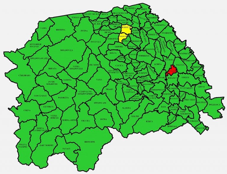Situația pe localități a cazurilor de coronavirus din județul Suceava. Comuna Ipotești se află în zona roșie, municipiul Rădăuți și comuna Volovăț sunt în zona galbenă, iar restul localităților în zona verde
