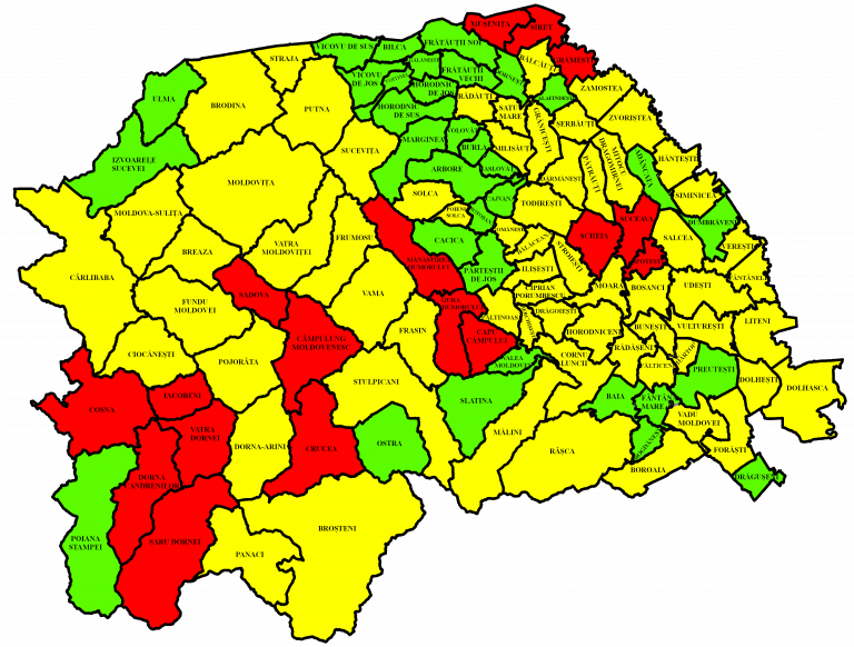 Situația pe localități a cazurilor de coronavirus din județul Suceava. Cele mai grave probleme sunt în Mușenița, Iacobeni și Șcheia