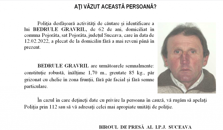 Un bărbat din Pojorâta este de negăsit de o săptămână