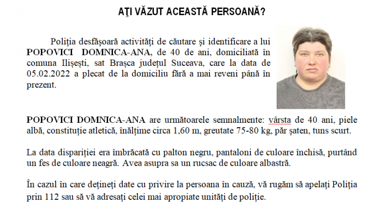 O femeie din Ilișești a fost dată dispărută de familie