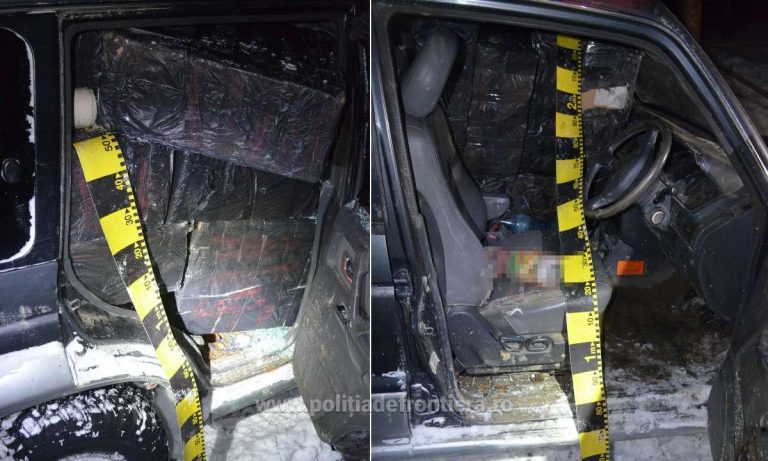 VIDEO FOTO Autoturism de teren burdușit cu țigări de contrabandă, abandonat într-o pădure din Brodina