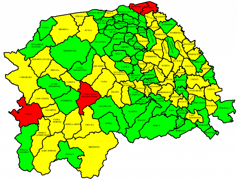 Situația pe localități a cazurilor de coronavirus din județul Suceava. Coșna, Mușenița, Siret și Câmpulung Moldovenesc se mai află în zona roșie