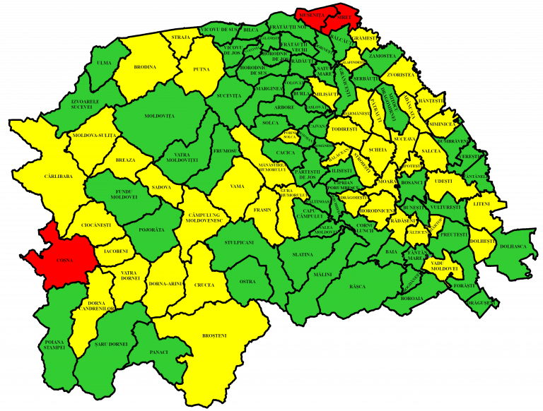 Situația pe localități a cazurilor de coronavirus din județul Suceava. Doar Coșna, Mușenița și Siret mai sunt în zona roșie
