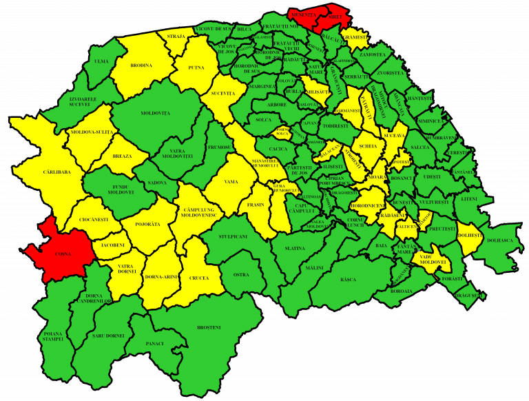 Situația pe localități a cazurilor de coronavirus din județul Suceava. Doar Coșna, Siret și Mușenița mai sunt în zona roșie