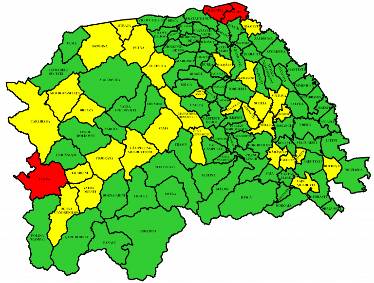 Situația pe localități a cazurilor de coronavirus din județul Suceava. Doar Coșna, Mușenița și Siret mai sunt în zona roșie