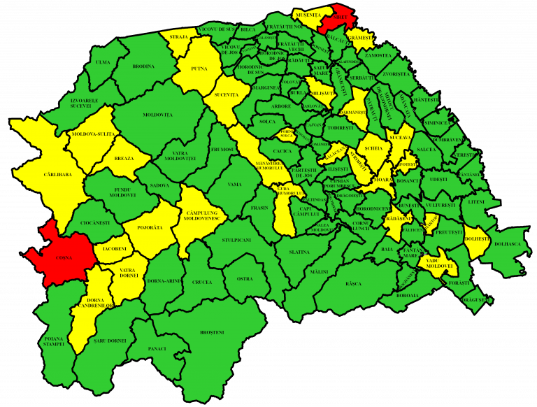Situația pe localități a cazurilor de coronavirus din județul Suceava. Doar Coșna și Siret mai sunt în zona roșie