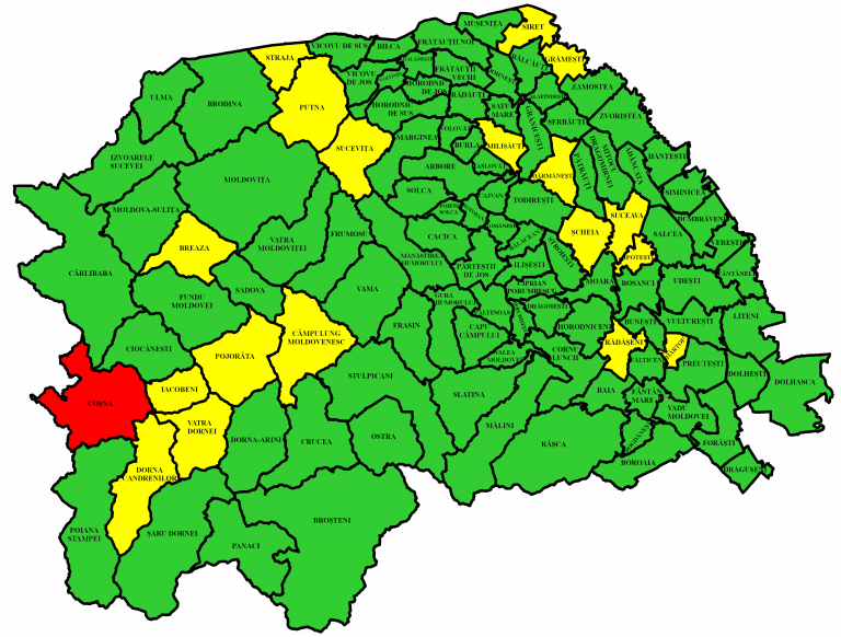 Situația pe localități a cazurilor de coronavirus din județul Suceava. Doar Coșna mai este în zona roșie