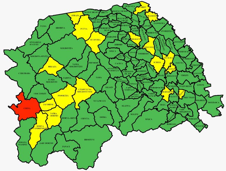 Situația pe localități a cazurilor de coronavirus din județul Suceava. Doar Coșna mai este în zona roșie
