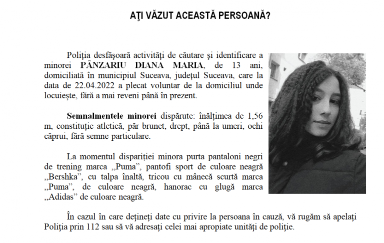 O minoră de 13 ani din Suceava a fost dată dispărută de familie în Vinerea Mare