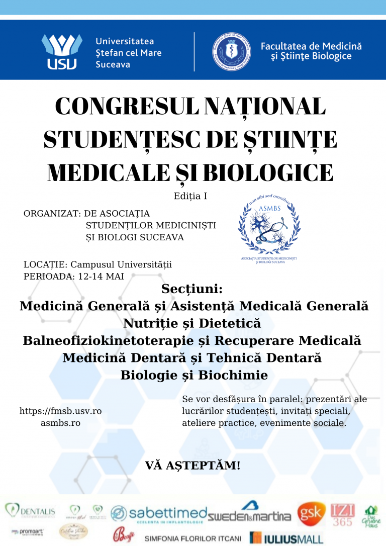 Asociația Studenților Mediciniști și Biologi din cadrul Facultății de Medicină și Științe Biologice de la USV organizează primul Congres Național Studențesc de Științe Medicale și Biologice