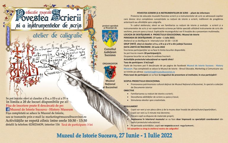 Muzeul Național al Bucovinei derulează atelierul de caligrafie „Povestea scrierii și a instrumentelor de scris”
