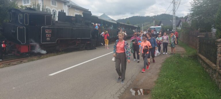 FOTO Mocănița Huțulca de la Moldovița a deraiat de pe șine după ce un șofer nu i-a acordat prioritate. Trenulețul era plin cu turiști