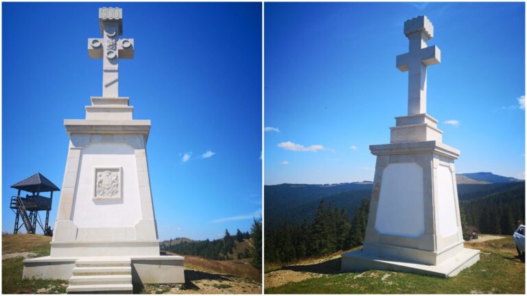 FOTO Crucea Talienilor, un monument înalt de peste 10 metri, a fost ridicată pe culmea Stânișoarei: „După 104 ani de la distrugerea monumentului, o replică inspirată de original a apărut în locurile de legendă din munții Stânișoarei”