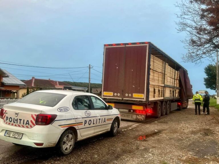 FOTO Un camion care transporta ilegal cherestea a fost confiscat de polițiștii din Vadu Moldovei după ce au fost sesizați de echipa de activiști de mediu a lui Daniel Bodnar