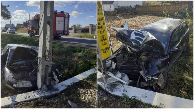 FOTO Un șofer din Grănicești și-a băgat mama în spital după ce s-a izbit cu mașina într-un stâlp