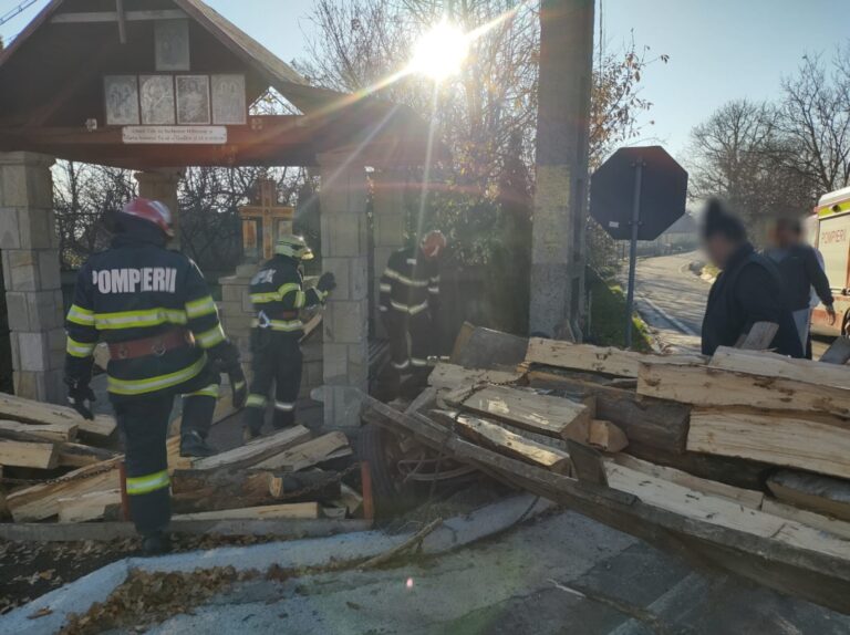 FOTO O căruță încărcată cu lemne a fost implicată într-un accident, la Lămășeni. Căruțașul a fost rănit grav, iar calul a murit