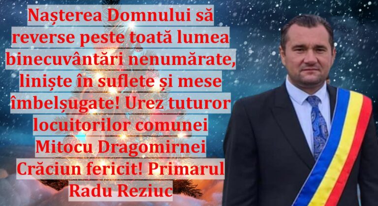 Nașterea Domnului să reverse peste toată lumea binecuvântări nenumărate, liniște în suflete și mese îmbelșugate! Urez tuturor locuitorilor comunei Mitocu Dragomirnei Crăciun fericit! Primarul Radu Reziuc