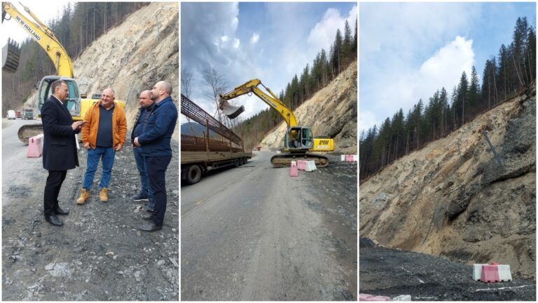 FOTO Lucrările la versantul de pe DN 17B, de pe raza orașului Broșteni, loc în care au avut loc alunecări de teren succesive, au fost reluate, în ritm susținut