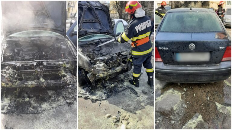FOTO O mașină a luat foc în spatele magazinului Bucovina din Suceava